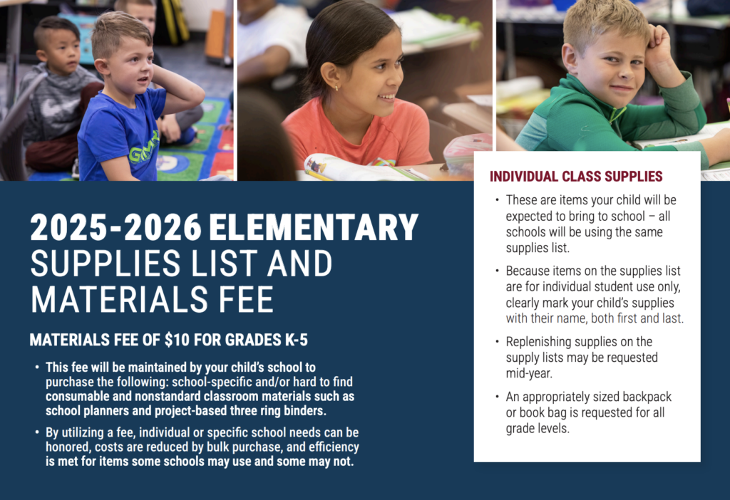 Image shows children in a classroom with a supplies list for the 2025-2026 school year and materials fee details.